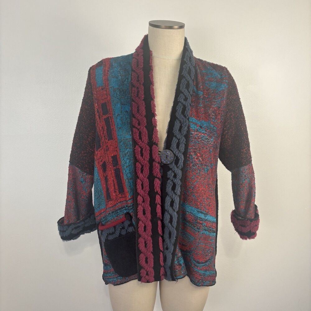 Ali Miles Womens Small Multicolor Abstract Artsy Art to Wear Colorful Cardigan